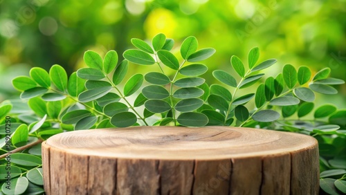 Round wooden saw cut cylinder shape with fresh green kelor or drumstick tree moringa oleifera leaves for product display photo