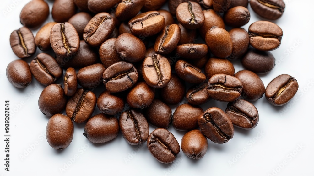 Hyper-Realistic Image of Fresh, Glossy Coffee Beans: Richly Detailed and Centered on a Solid White Background. Hyper-Realistic Image of Fresh, Glossy Coffee Beans: Richly Detailed and Centered on a Solid White Background.