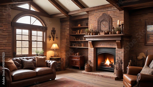 Old Western-style room with a brick fireplace and sofa. レンガ造りの暖炉とソファーのある古い洋室 photo