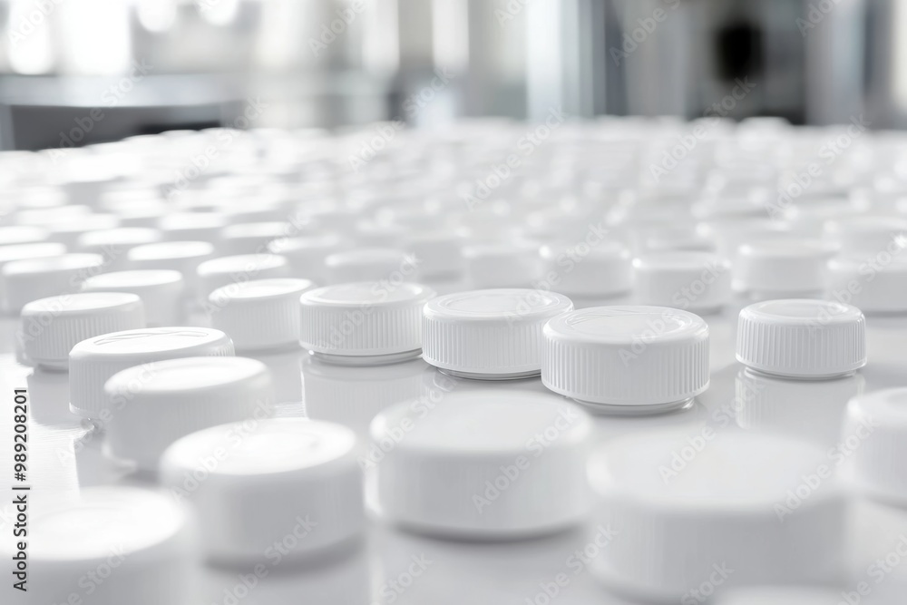 Uniform white plastic bottle caps on production line Uniform white plastic bottle caps on production line