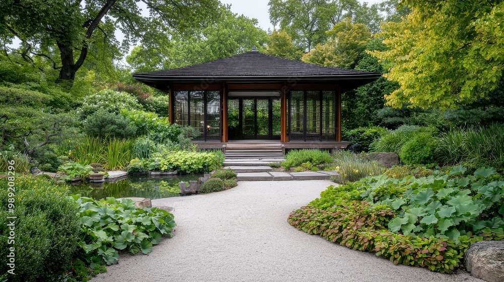 A small house with a garden in front of it. The garden has a lot of plants and a pond A small house with a garden in front of it. The garden has a lot of plants and a pond