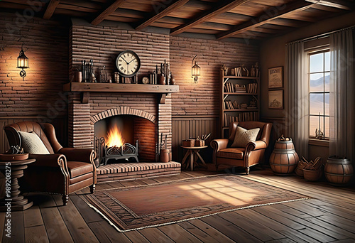 Old Western-style room with a brick fireplace and sofa. レンガ造りの暖炉とソファーのある古い洋室 photo