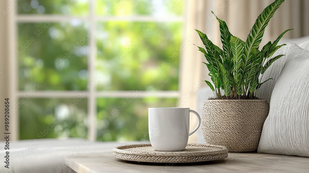 A white coffee cup sits on a tray next to a plant. The scene is bright and cheerful, with the sunlight streaming in through the window. The combination of the plant and the coffee cup creates a cozy