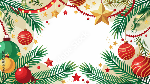 Christmas pattern with green trees, holly berries and stars on a white background.