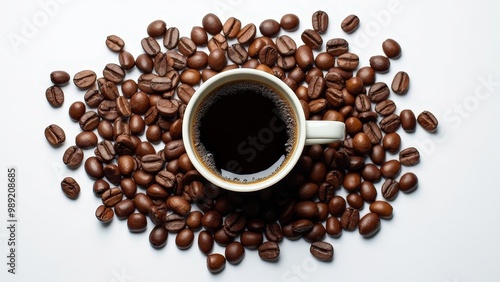 Hyper-Realistic Image of a Coffee Cup with Freshly Brewed Coffee and Glossy Coffee Beans on a White Surface.