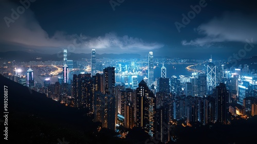 Wallpaper Mural A city at night with a cloudy sky. The city is lit up with lights and the sky is dark Torontodigital.ca