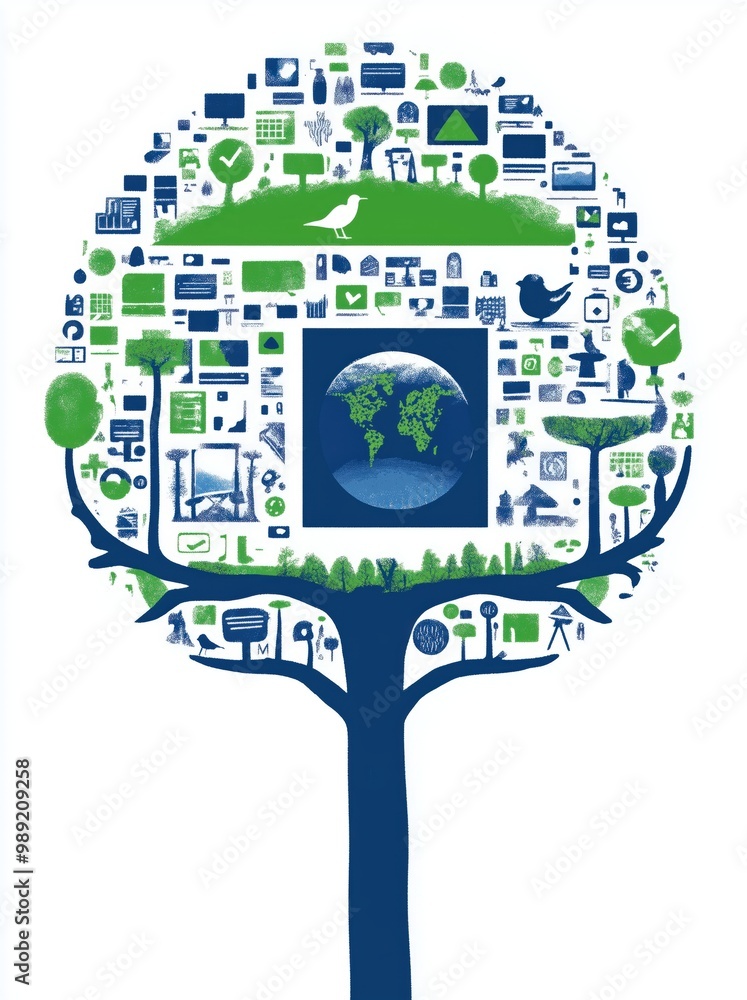 Abstract illustration of a tree made up of technology icons and nature elements with Earth at the center
Abstract illustration of a tree made up of technology icons and nature elements with Earth at the center
