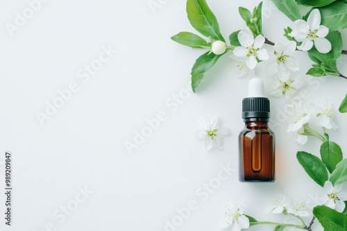 Serene botanical skincare essence with white flowers on pale background