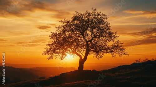 silhouette of a tree at sunset, with golden and orange hues lighting up the sky and casting a warm glow