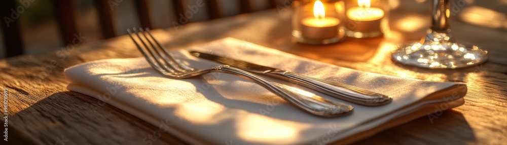 Obraz premium Elegant table setting with fork, knife, and candlelight for a cozy dining experience.