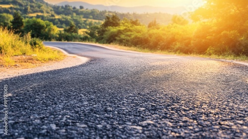 Winding country road at sunset in scenic landscape