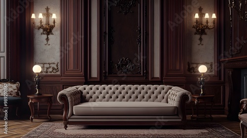 Elegant and Lavish Interior with Plush Baroque Sofa and Ornate Lighting Fixtures in a Stately Mansion  Luxurious Sophisticated and Refined Atmosphere with Classic Vintage and Antique Design Elements photo