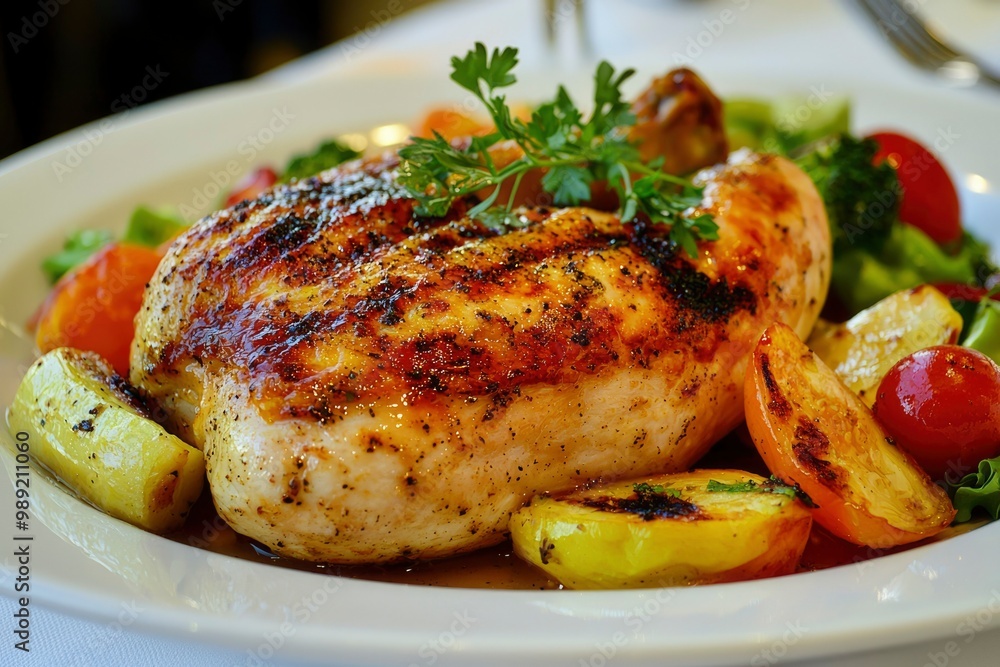 Grilled Chicken Breast with Roasted Vegetables and Parsley Garnish Grilled Chicken Breast with Roasted Vegetables and Parsley Garnish