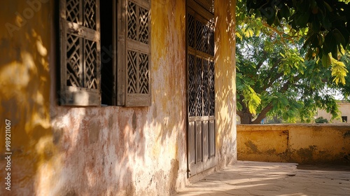 A building with a yellow wall and a window with a lattice design. The window is open and the sun is shining through it