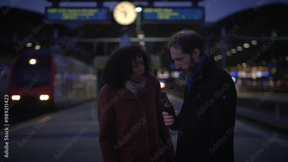 A Nighttime Encounter at the Train Station with Couples and Passengers in a Still Urban Scene A Nighttime Encounter at the Train Station with Couples and Passengers in a Still Urban Scene