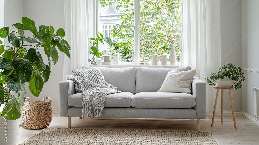 A living room with a grey couch, a white pillow, and a potted plant. The room has a cozy and inviting atmosphere A living room with a grey couch, a white pillow, and a potted plant. The room has a cozy and inviting atmosphere