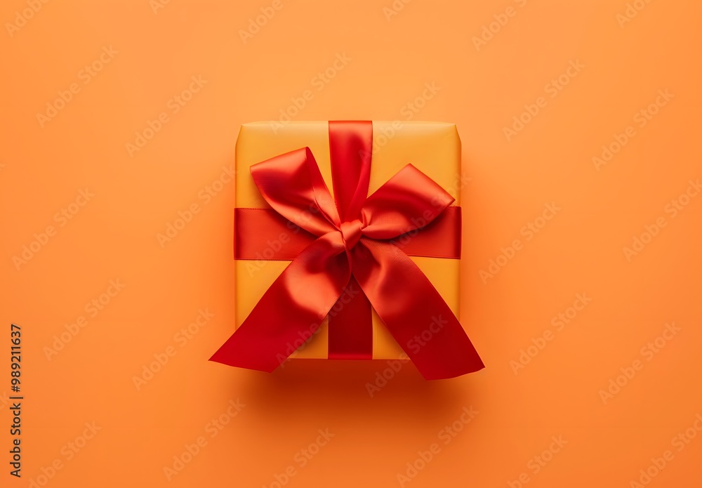 Orange Gift Box With Red Ribbon Bow Top View Orange Gift Box With Red Ribbon Bow Top View