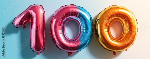 Colorful balloons shaped as the number 100, perfect for celebrations and special occasions.