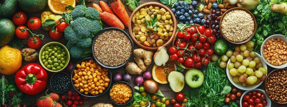 healthy meal spread out on a table, fresh fruits, vegetables, and grains healthy meal spread out on a table, fresh fruits, vegetables, and grains