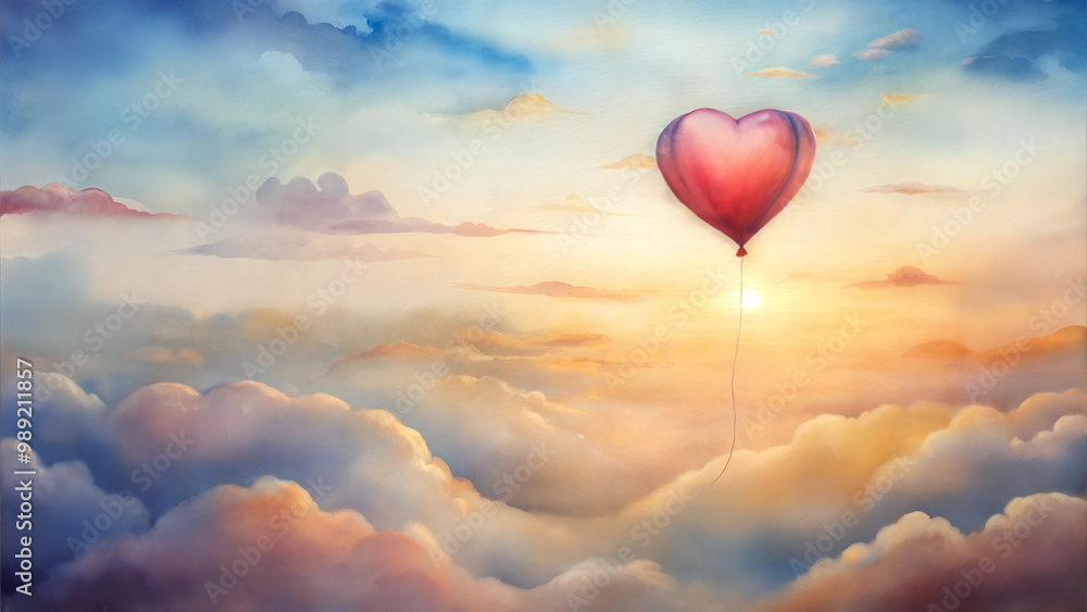 Fototapeta premium Heart-shaped balloon flying in the sky at sunset
