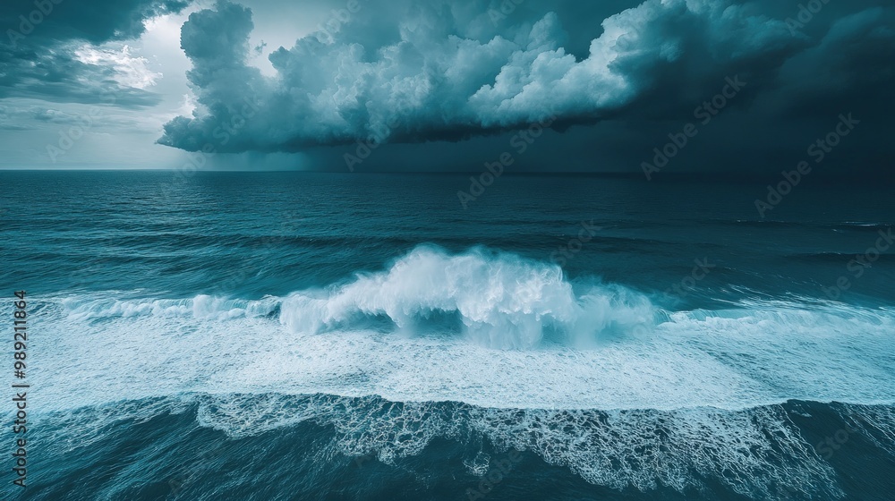 Naklejka premium Dramatic stormy seascape with large waves crashing against a dark, ominous sky.