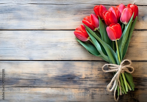 Red Tulips Bouquet on Rustic Wooden Background