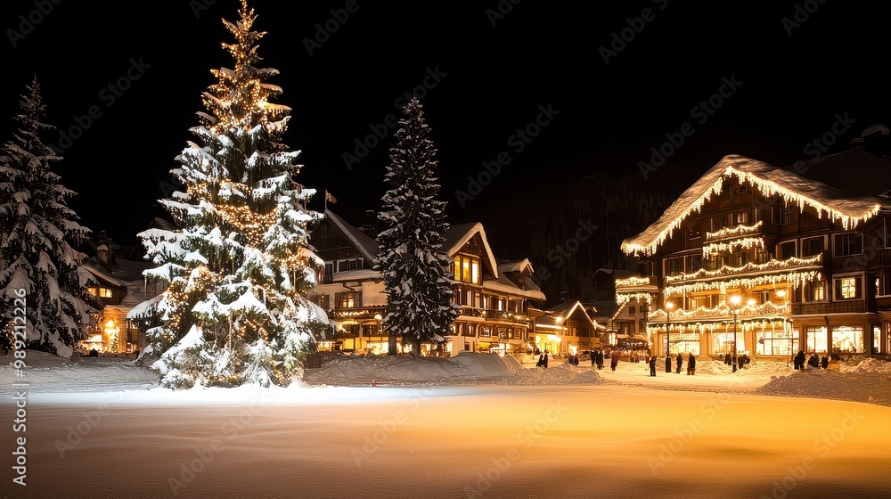 Fototapeta premium A Christmas tree is lit up in a snowy field. The scene is peaceful and serene, with people walking around and enjoying the winter wonderland
