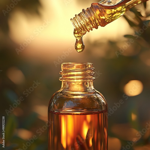 Golden liquid being dropped from a glass dropper into a clear bottle, set against a warm blurred background of nature.