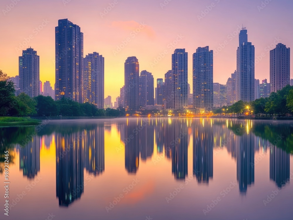tall buildings casting reflections in a calm urban lake, captured at sunset with no people around tall buildings casting reflections in a calm urban lake, captured at sunset with no people around