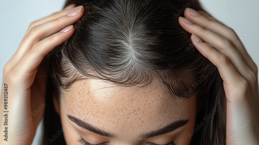 Naklejka premium Hair loss concept; close-up of the woman's hands touching her hair shows signs of thinning and sparse areas on the top of her head