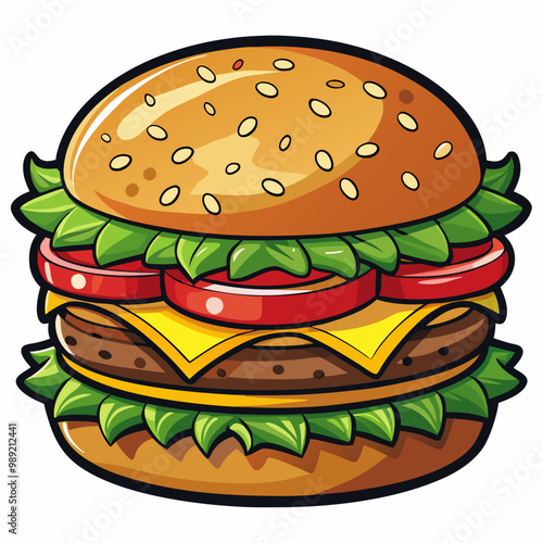 Tasty hamburger vector clipart with cheese patty and fresh vegetables isolated design