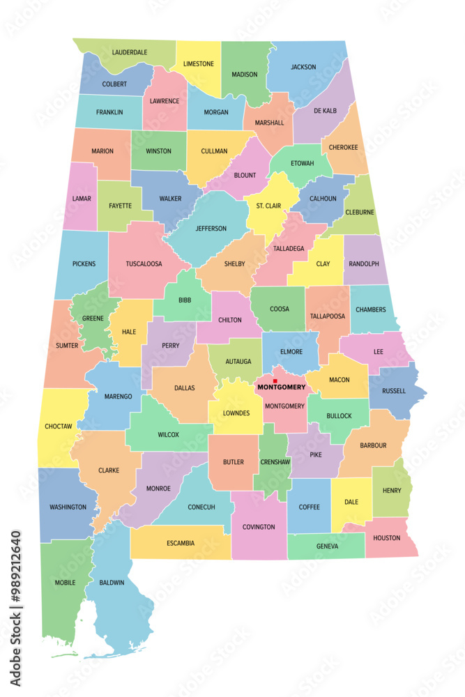 Alabama, U.S. state, subdivided into 67 counties, multi colored political map with capital Montgomery, borders and county names. State in the Southeastern region of United States. Yellowhammer State. Alabama, U.S. state, subdivided into 67 counties, multi colored political map with capital Montgomery, borders and county names. State in the Southeastern region of United States. Yellowhammer State.