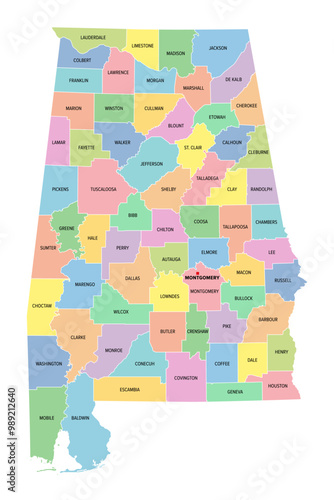 Alabama, U.S. state, subdivided into 67 counties, multi colored political map with capital Montgomery, borders and county names. State in the Southeastern region of United States. Yellowhammer State.