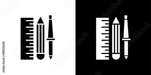 Ruler, pencil and pen icon Isolated flat vector in outline