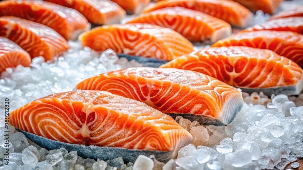 Fresh salmon steaks on ice at a fish market in Russia Fresh salmon steaks on ice at a fish market in Russia
