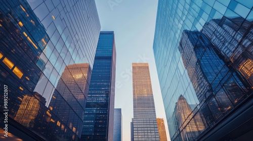 Wallpaper Mural tall skyscrapers with glass facades, casting reflections of the surrounding cityscape in the early morning light Torontodigital.ca