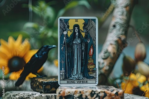 Mystical tarot card with raven and sunflower backdrop photo