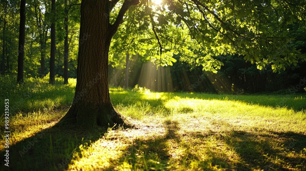 Fototapeta premium tree bathed in sunlight, casting long shadows on the ground in a quiet forest clearing