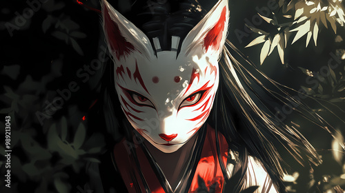 Gohonshojo mask lurked in the shadows. Kitsune. Illustration photo