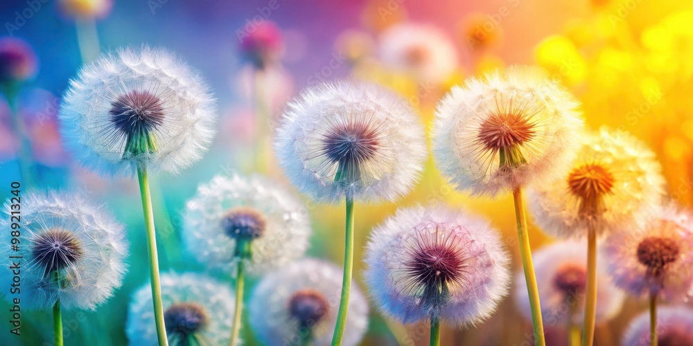 Close-up of fluffy dandelion blowballs in vibrant summer colors Close-up of fluffy dandelion blowballs in vibrant summer colors
