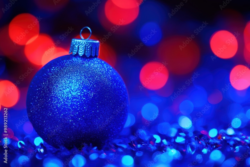 Fototapeta premium Sparkling blue Christmas ornament with festive bokeh background