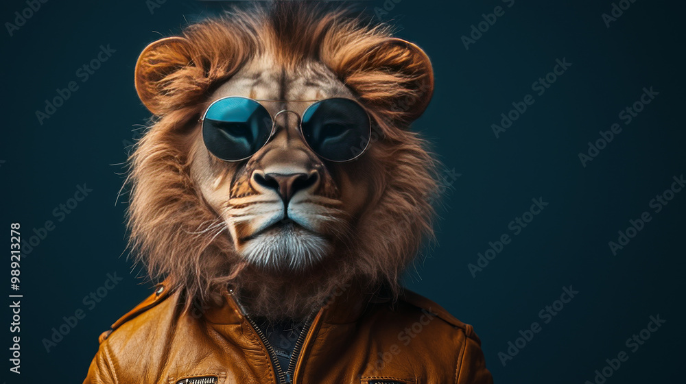 A lion in sunglasses and a leather jacket stares intently at the camera. A lion in sunglasses and a leather jacket stares intently at the camera.