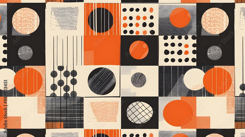 Retro Geometric Pattern with Orange, Black, and Grey Squares and Circles Retro Geometric Pattern with Orange, Black, and Grey Squares and Circles