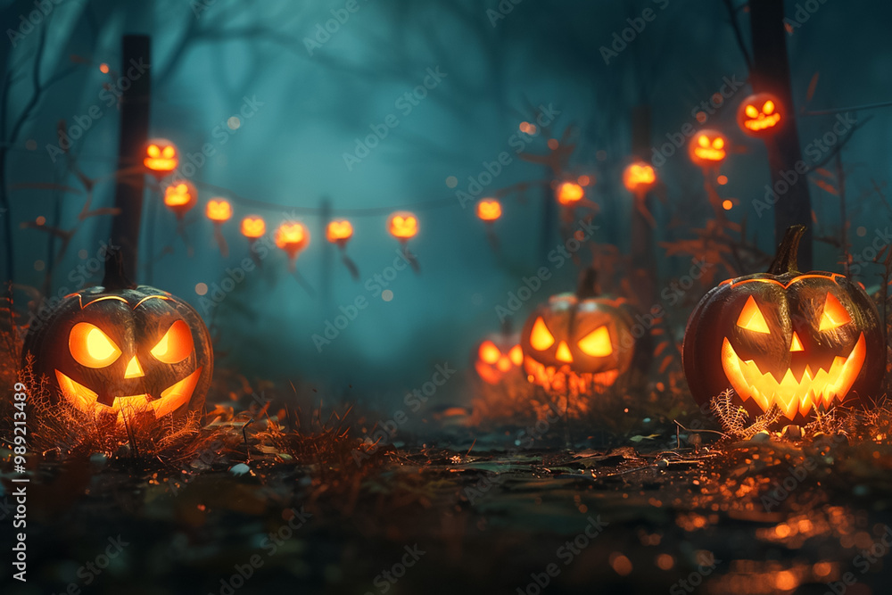 Halloween pumpkins in the dark scary forest. Halloween pumpkins in the dark scary forest.