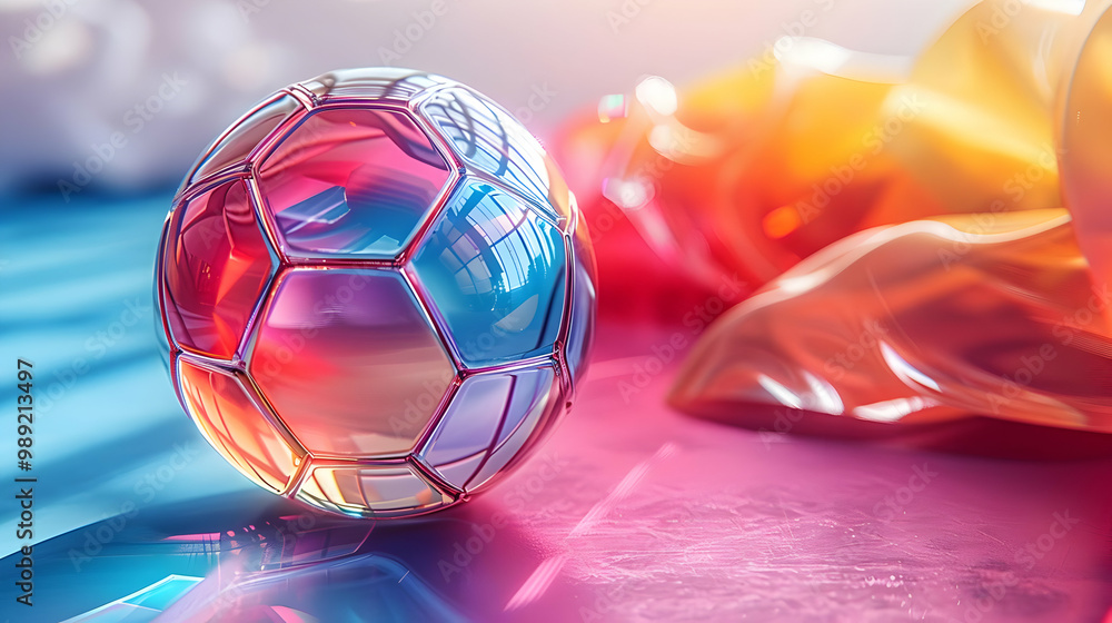 Naklejka premium 3D Render of a Shiny Metallic Soccer Ball on a Vibrant Background