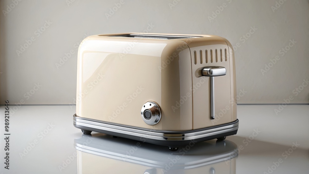 Beige retro toaster standing on a wooden surface with a dark grey background Beige retro toaster standing on a wooden surface with a dark grey background