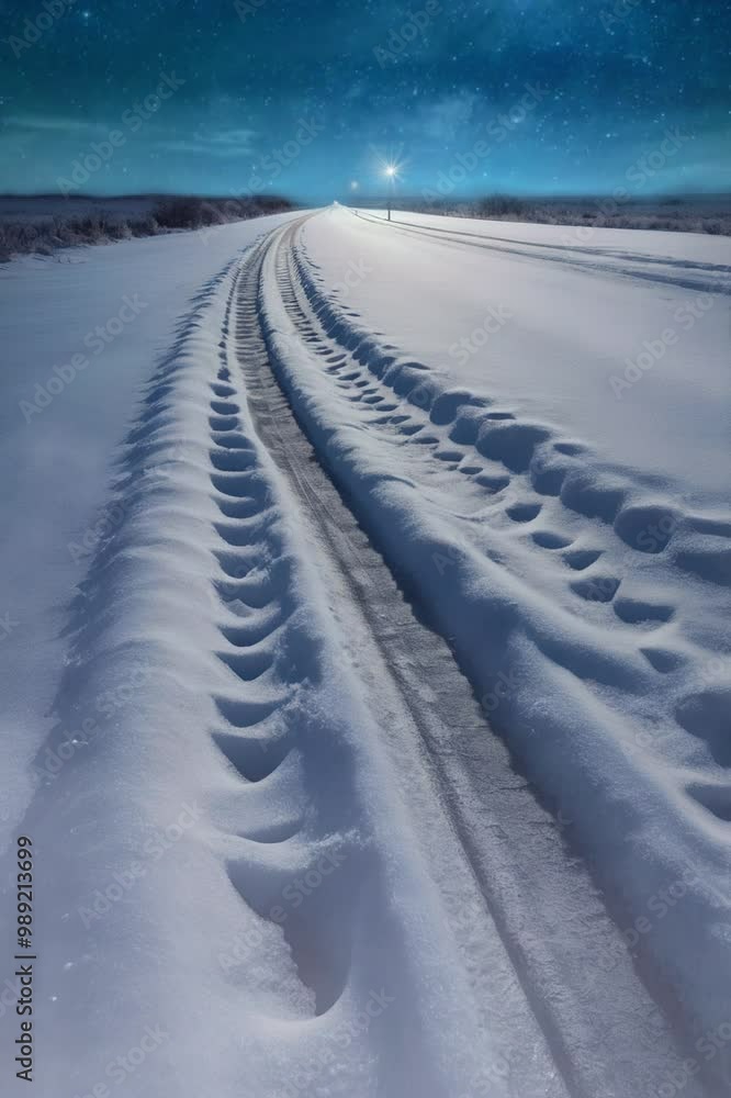 A single set of tire tracks on a snow-covered road with a starry night sky. A single set of tire tracks on a snow-covered road with a starry night sky.