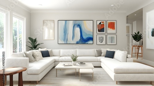 Wallpaper Mural Tranquil and Airy Open Concept Living Room with Sophisticated Mid Century Inspired Furnishings Linen Upholstered Sectional Sofa and Abstract Art Gallery Wall Creating a Calming Atmosphere Torontodigital.ca