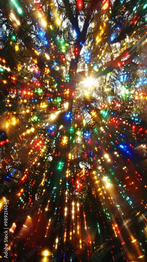 Naklejka premium Light aberration, vibrant abstract depiction of multicolored lights bursting through tree canopy, capturing essence of light diffraction in nature. wonder and beauty of natural light play.