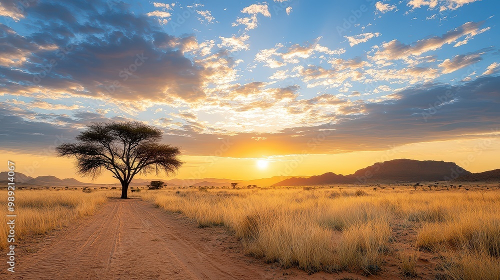 Obraz premium A tree stands in the middle of a vast, empty field. The sky is cloudy and the sun is setting, casting a warm glow over the landscape. The scene is peaceful and serene